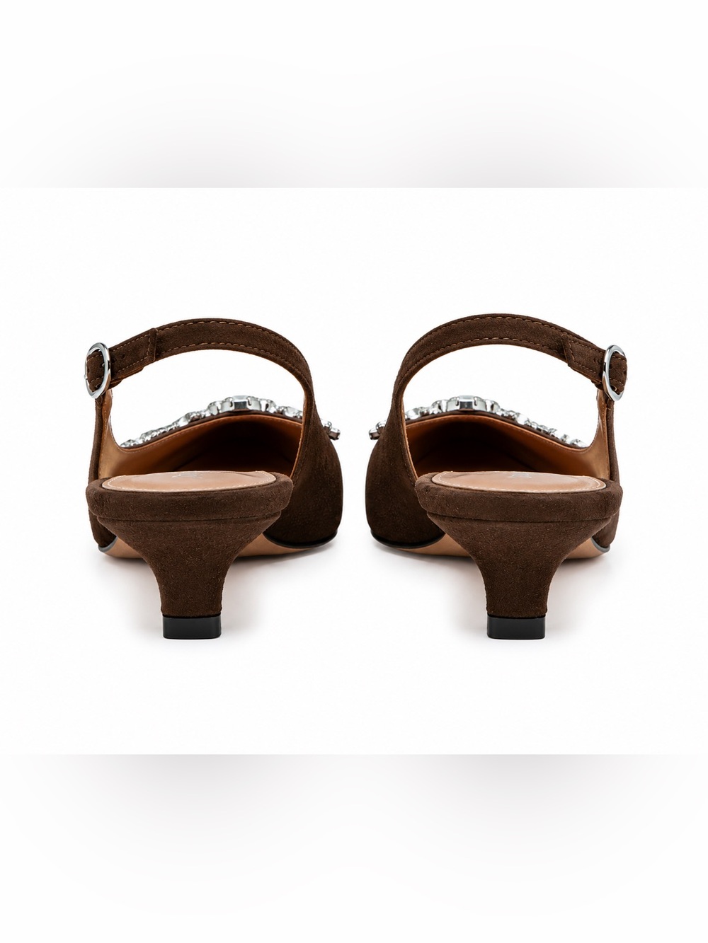 Paolo Brown Suede Slingback Kitten Heels with Crystal Accents - Picture 2 of 5